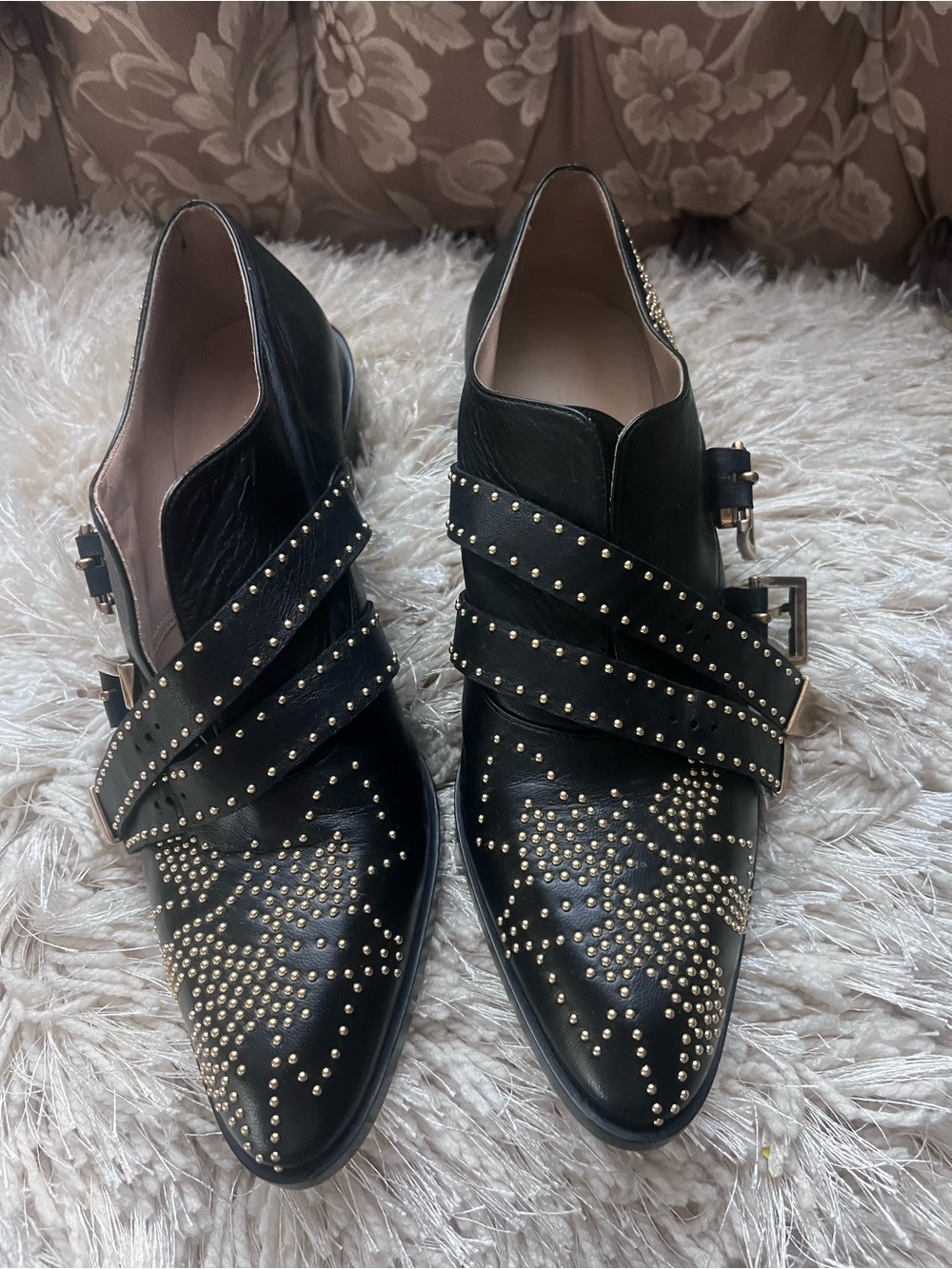 Chloe Black Leather Pointed Loafers with Gold Stud Detailing